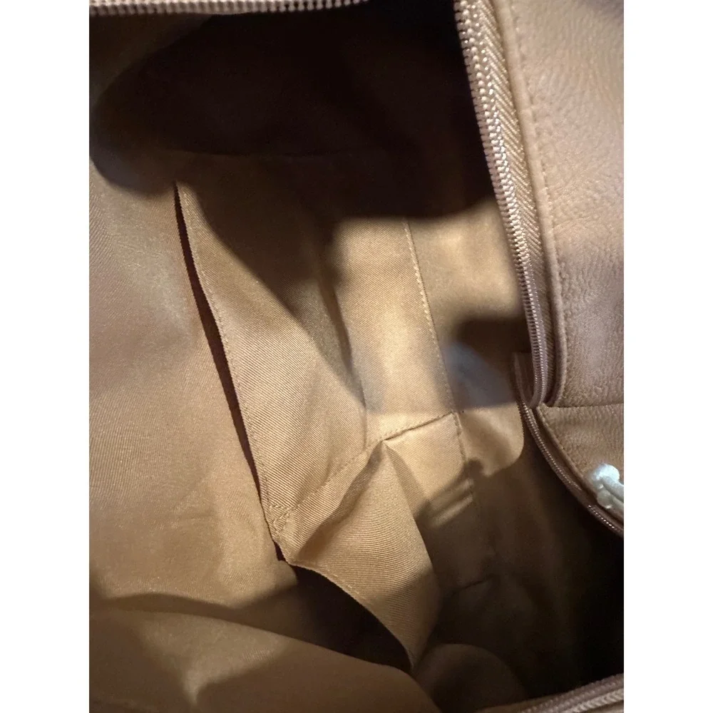 Tan Faux Leather Duffle Bag Striped Webbing Handles Weekend Travel Gym Bag